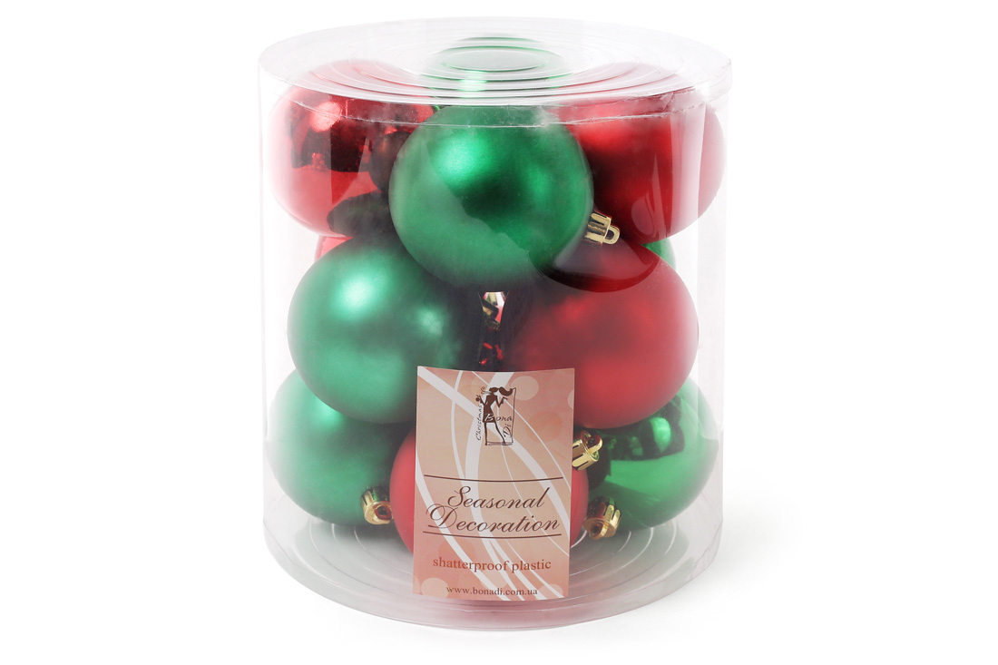 Набір ялинкових куль "Різдвяний" 8см, колір - червоний і зелений, 12шт: матовий, глянець - по 3 шт у кожному кольорі