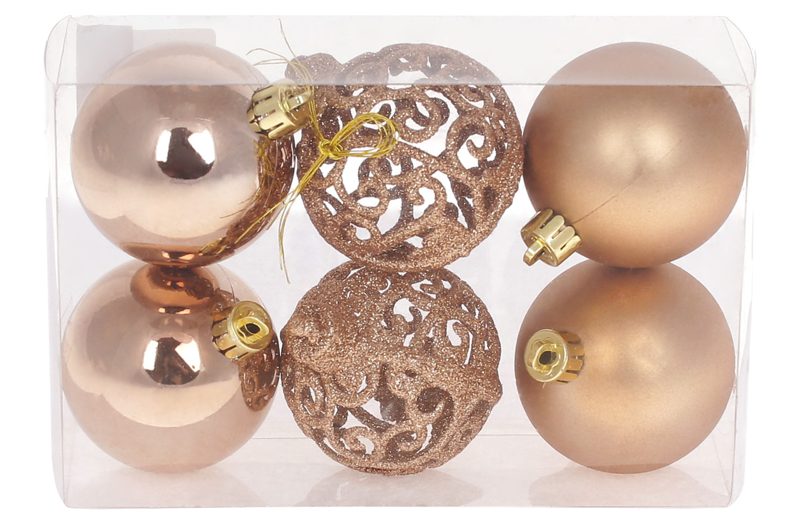 Набір ялинкових куль Ажур, 6см, колір - карамель, 6шт: 2шт - матовий, 2шт - глянець, 2шт - ажур гліттер