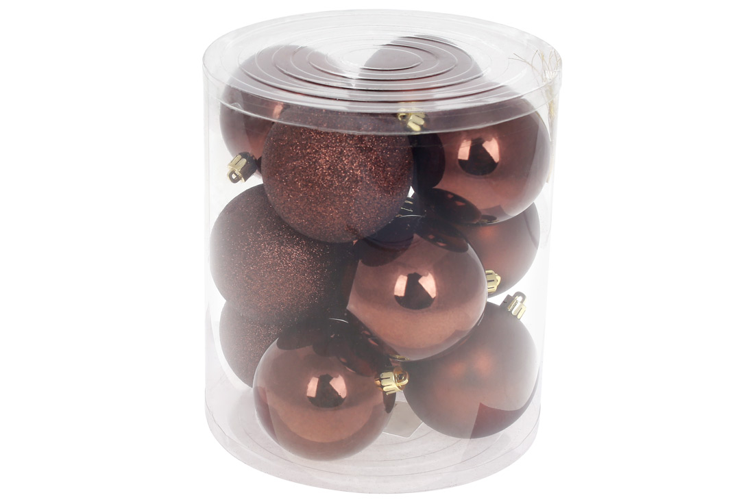 Набір ялинкових куль 8см, колір - темний шоколад, 12шт: гліттер, глянець - по 6шт