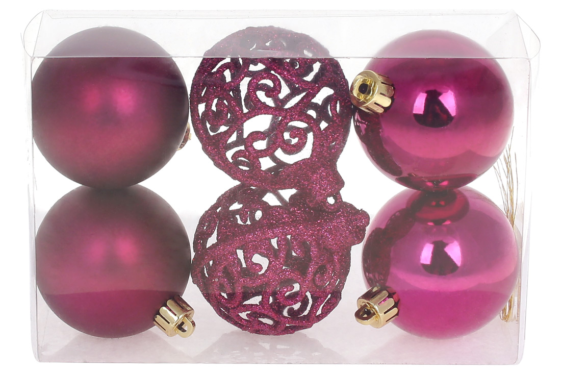 Набір ялинкових куль Ажур, 6см, колір - магнолія, 6шт: 2шт - матовий, 2шт - глянець, 2шт - ажур гліттер