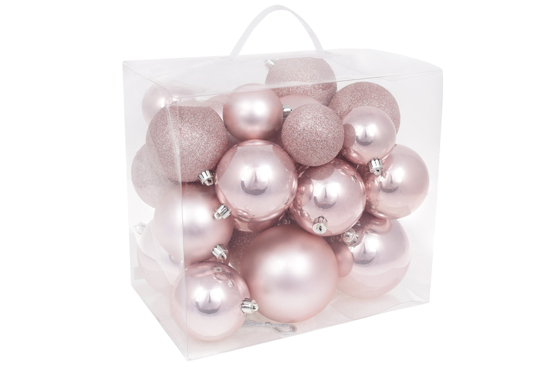 Набір ялинкових куль "Легкий рум'янець" 26 шт, 10см, 8см, 6см: перламутр, матовий, гліттер