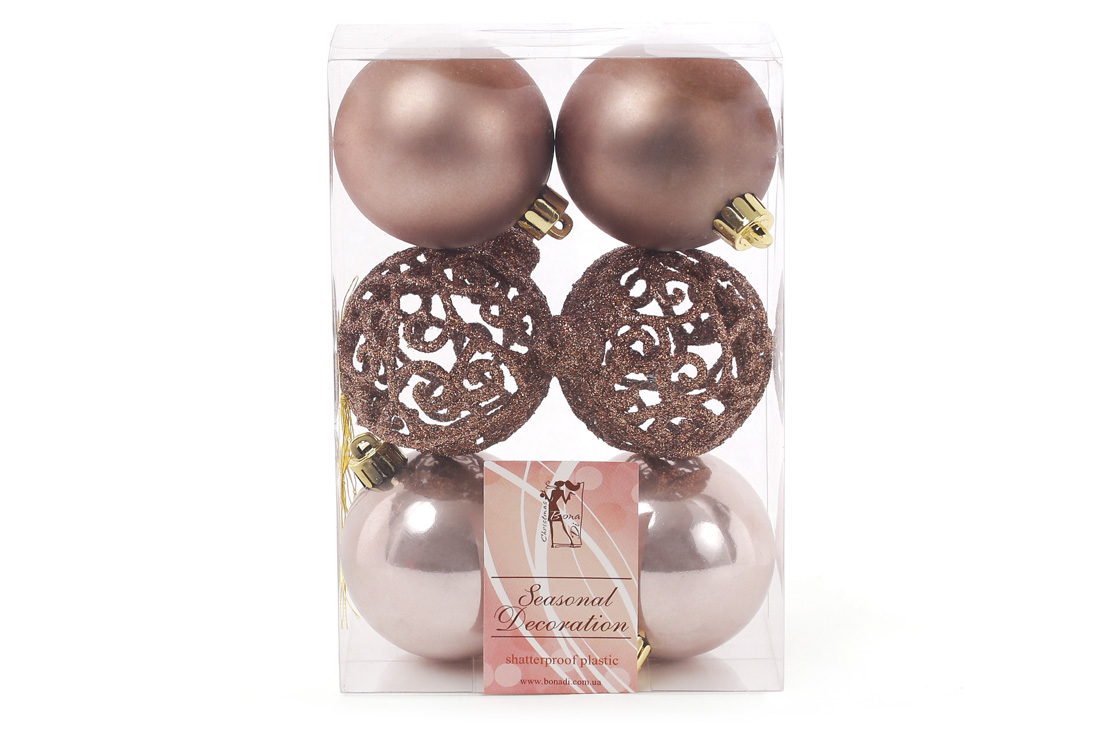 Набір ялинкових куль Ажур, 6см, колір - карамельний мокко, 6шт: 2шт - матовий, 2шт - перламутр, 2шт - ажур гліттер