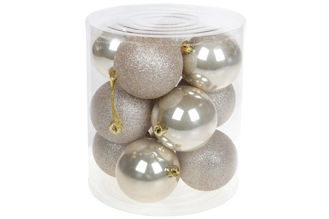 Набір ялинкових куль 8см, колір - шампань, 12шт: гліттер, перламутр - по 6шт