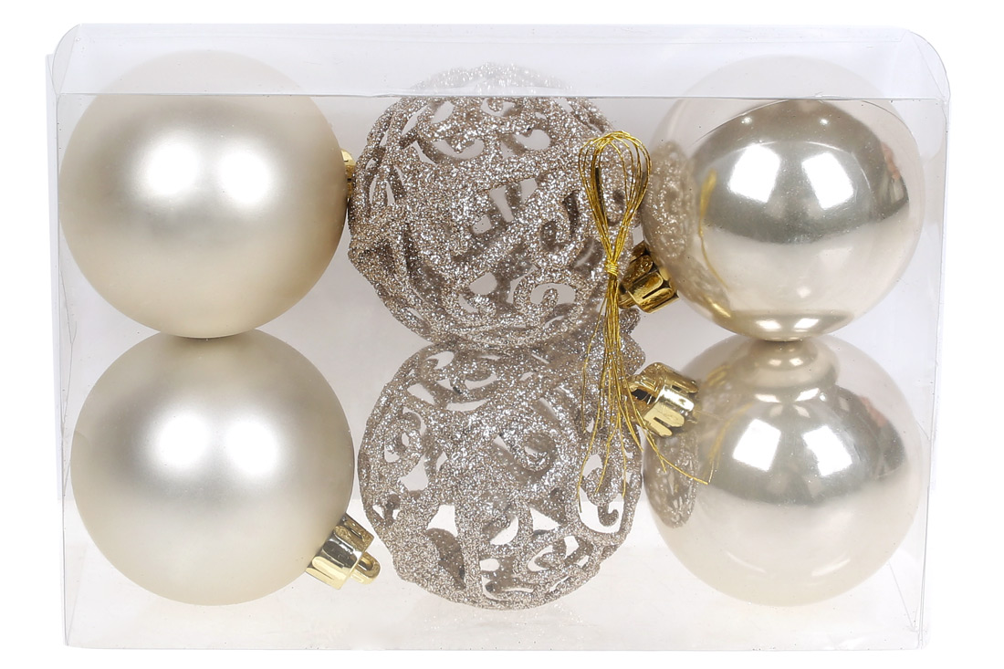Набір ялинкових куль Ажур, 6см, колір - шампань, 6шт: 2шт - матовий, 2шт - перламутр, 2шт - ажур гліттер