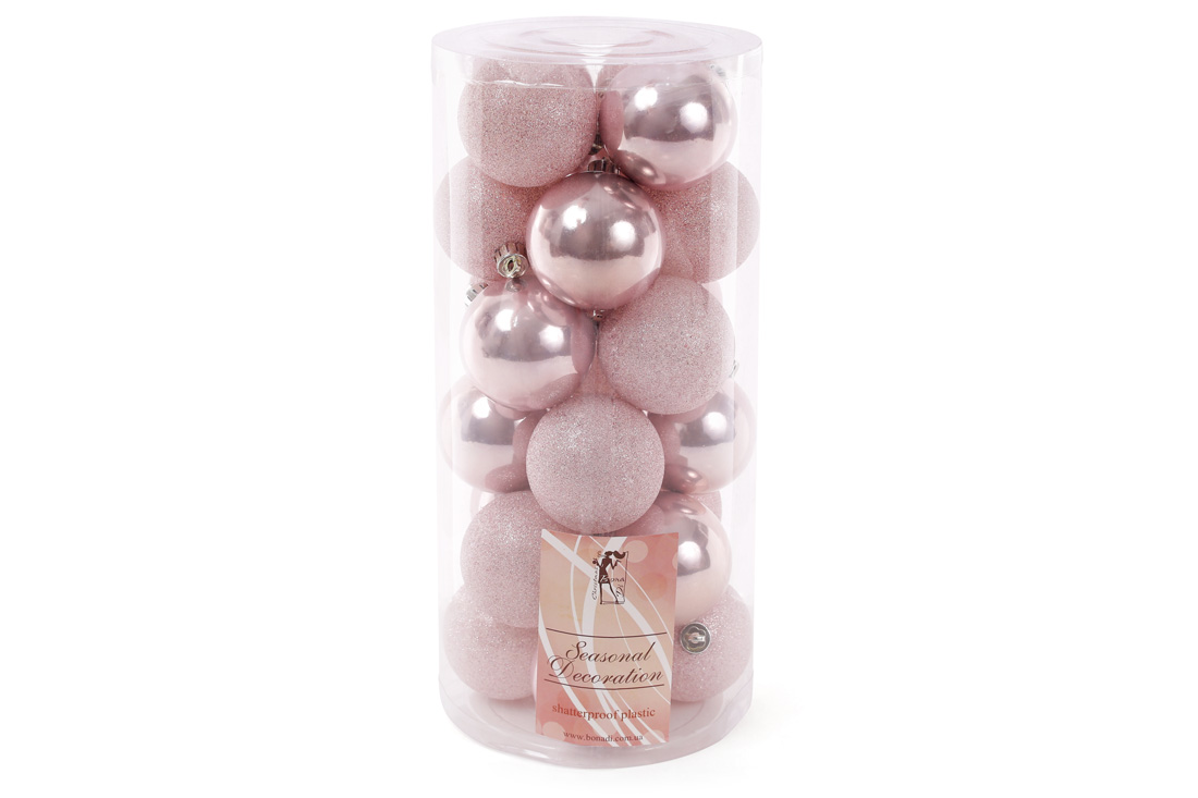Набір ялинкових куль 6см, 24шт; колір - рожевий, 12шт - перламутр, 12шт - гліттер