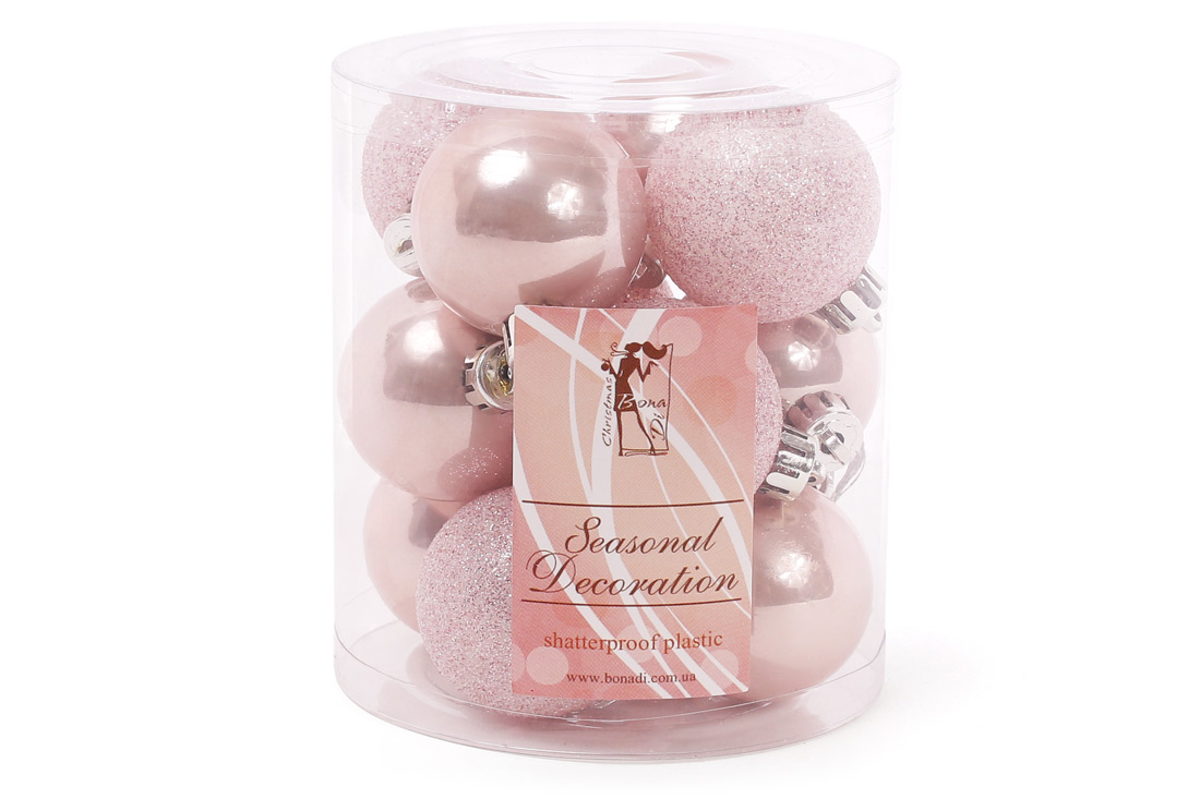 Набір ялинкових куль 4см, колір - рожевий, 12шт: перламутр, гліттер - по 6шт