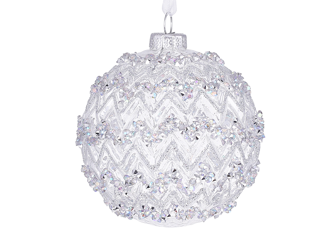 Ялинкова куля рельєфної форми з прозорого скла та декором зі страз 8см