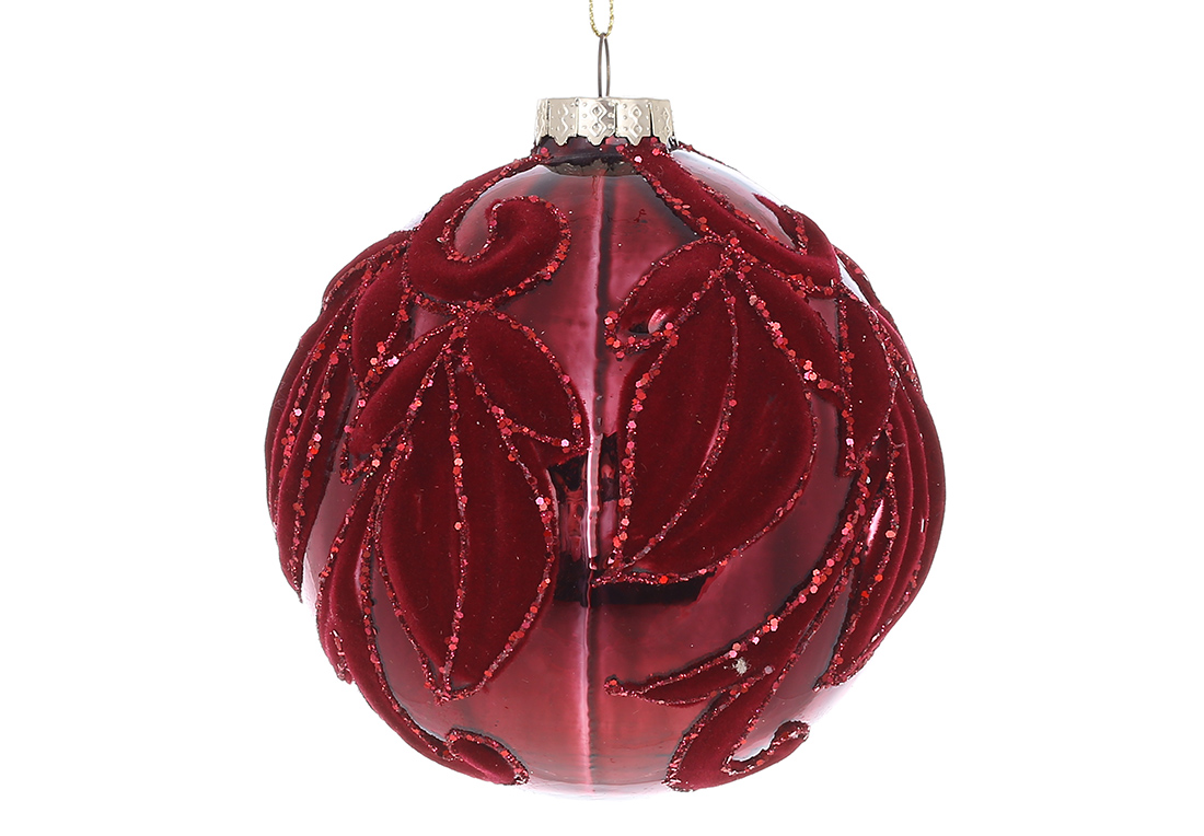 Ялинкова куля з флористичним візерунком з оксамиту 10см, колір - червоний