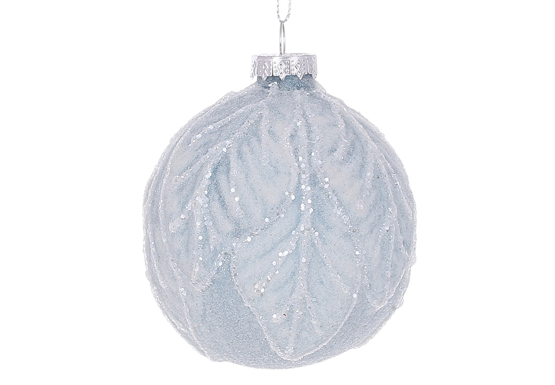 Ялинкова куля з рельєфним малюнком Листя 10см, із цукровим покриттям, колір - морозний блакитний
