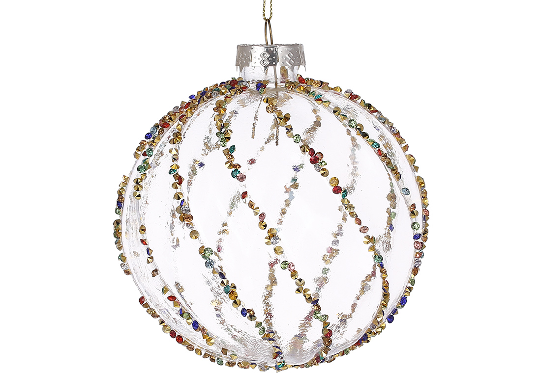 Ялинкова куля кручений форми з прозорого скла та декором зі страз 10см