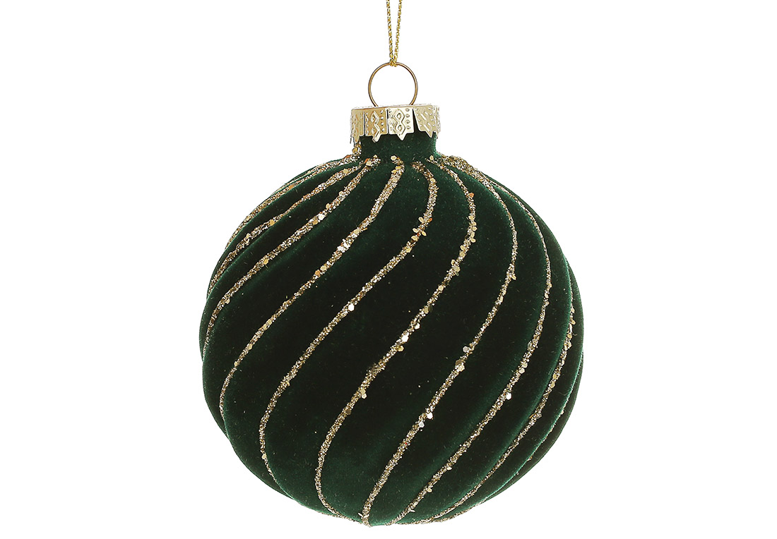 Ялинкова куля крученої форми з оксамитовим покриттям та гліттерним декором 8см, колір - темно-зелений