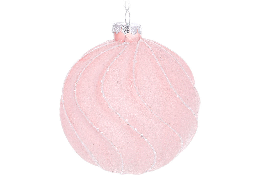 Ялинкова куля крученої форми з цукровим покриттям та гліттерним декором 10см, колір - блідо-рожевий
