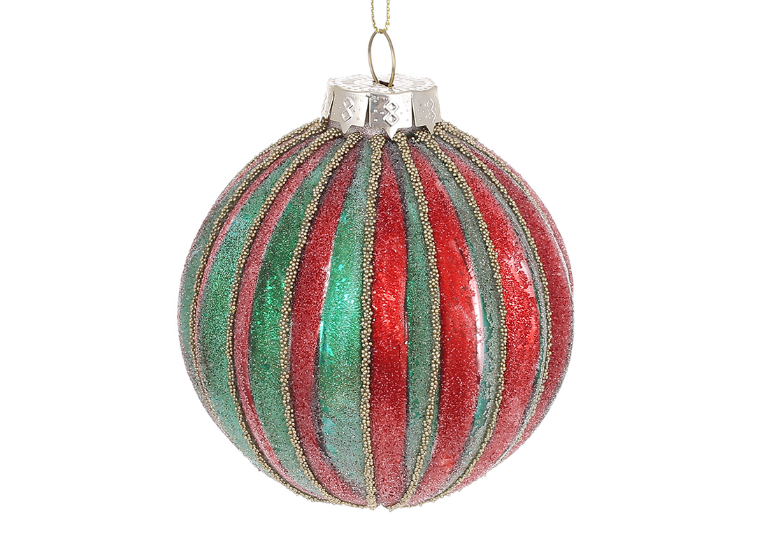 Ялинковий шар рельєфної форми 8см з цукровим покриттям, колір - зелений з червоним