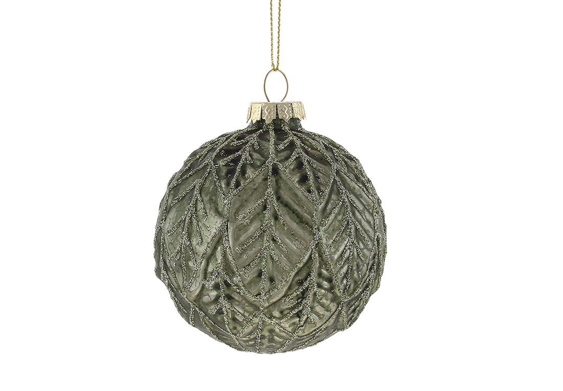 Ялинковий шар 10см з рельєфним малюнком Листя, колір - хвойний зелений