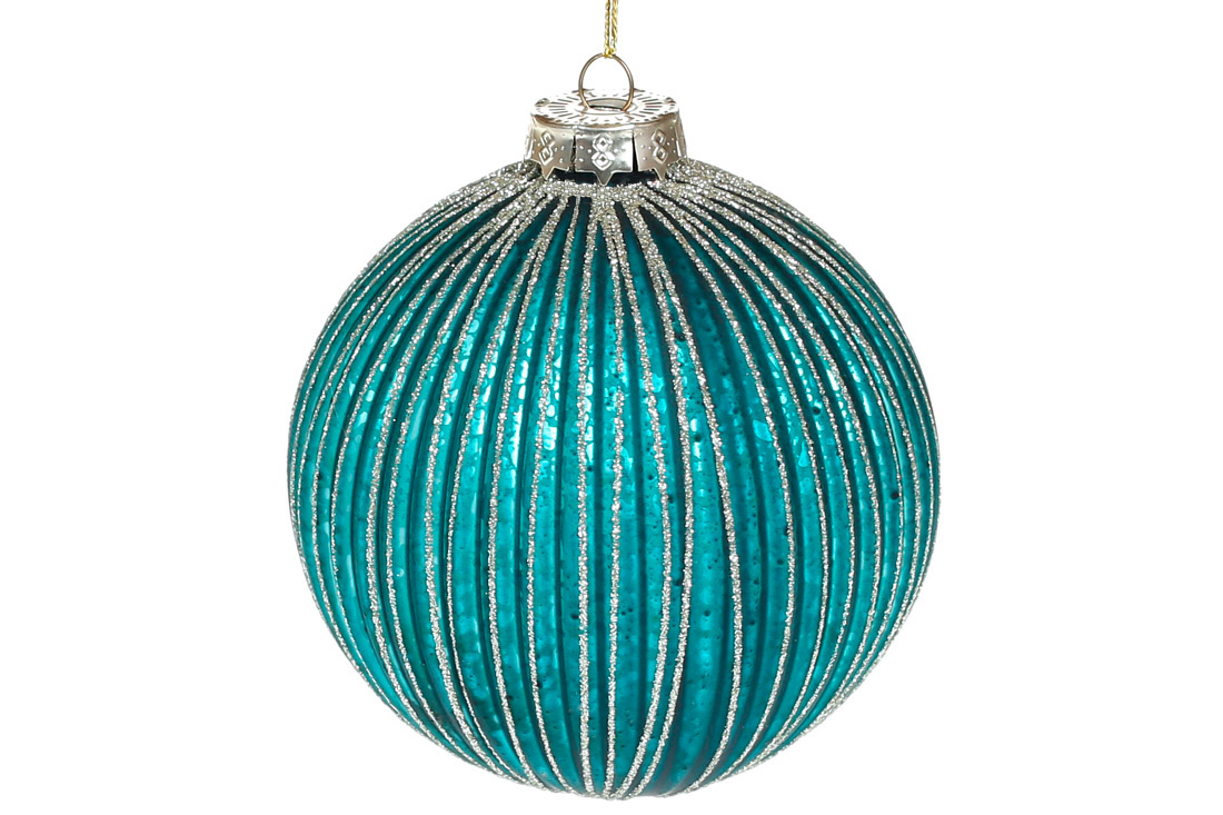 Ялинкова куля з рельєфом та декором з гліттера, 10см, колір - темна бірюза
