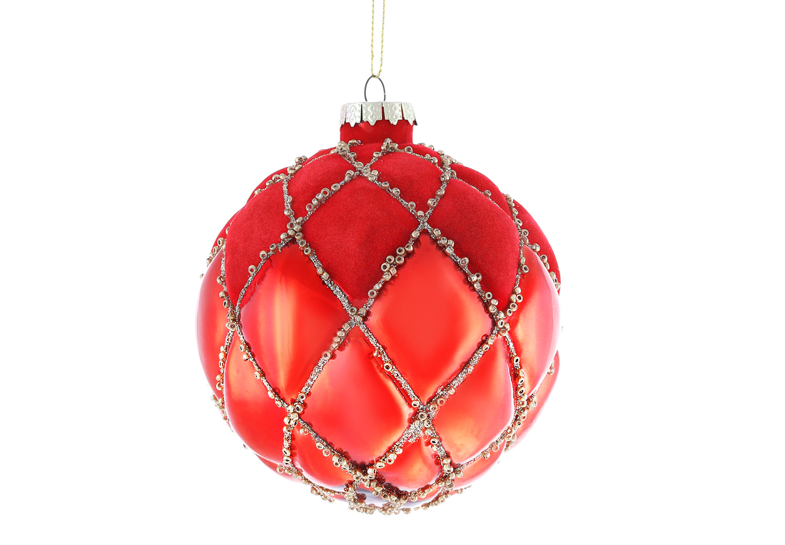 Ялинкова куля рельєфної форми з глянсовим та оксамитовим покриттям 10см, колір - червоний