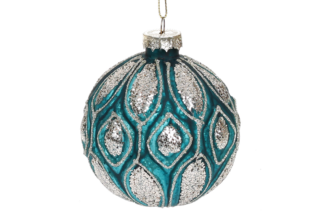 Ялинкова куля з рельєфом та декором з гліттера, 8см, колір - темна бірюза