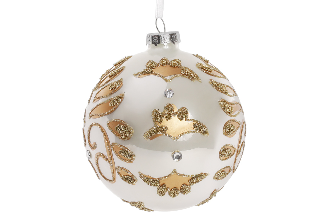 Ялинкова куля з розписом 10см, колір - перлинний із золотом
