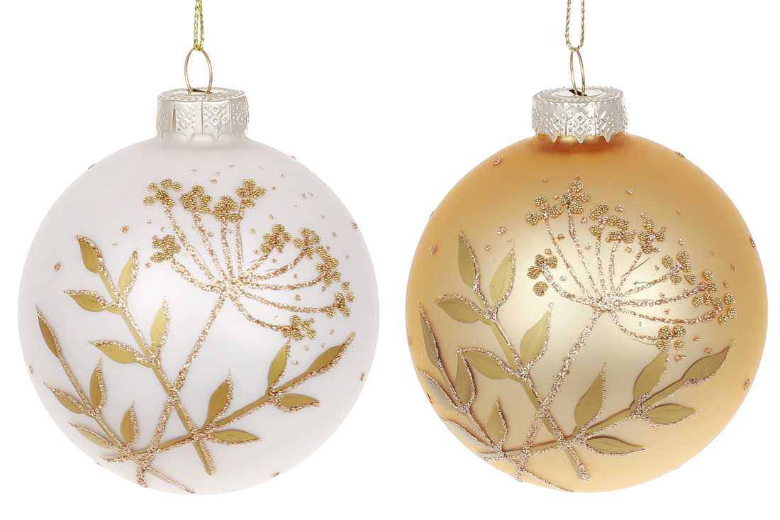 Ялинкова куля 8см з квітковим орнаментом, колір - білий і золотистий, мікс 2 дизайнів в дисплей коробці