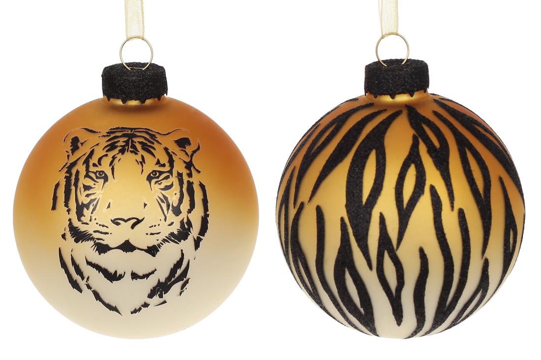 Ялинкова куля 8см з тигриним принтом, колір - помаранчевий омбре, 2 дизайни в дисплей коробці