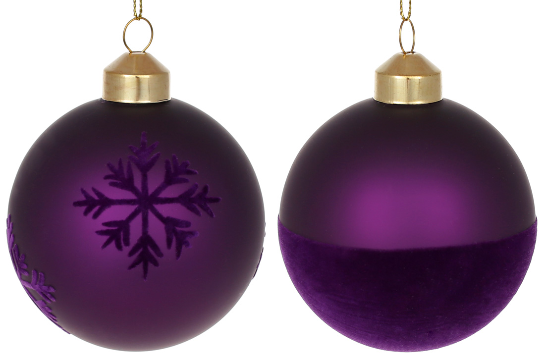 Ялинкова куля 8см з оксамитовим орнаментом, колір - матовий фіолетовий, 2 дизайни в дисплей коробці