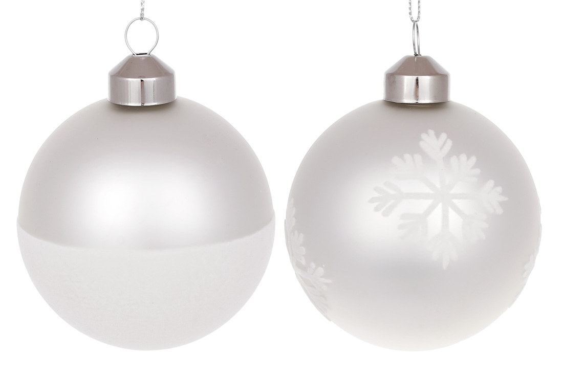 Ялинкова куля 8см з оксамитовим орнаментом, колір - матовий білий, 2 дизайни в дисплей коробці