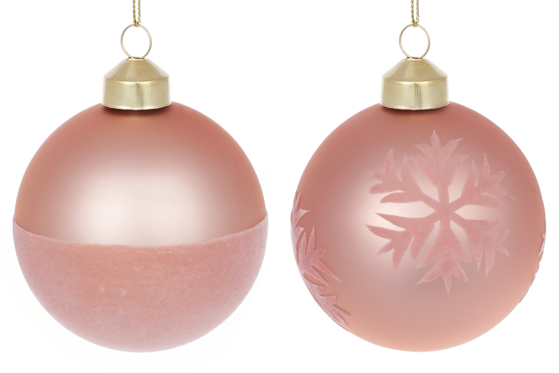 Ялинкова куля 8см з оксамитовим орнаментом, колір - матовий рожевий, 2 дизайни в дисплей коробці
