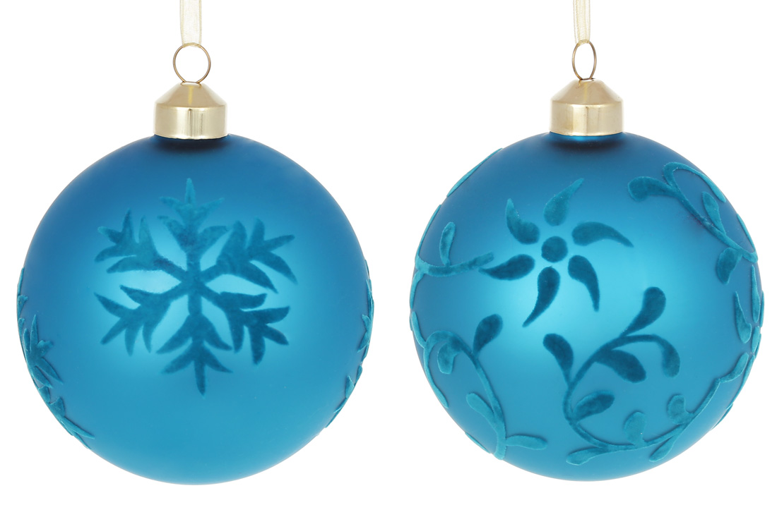 Ялинкова куля 10см з оксамитовим орнаментом Сніжинки, колір - матовий аквамарин, 2 дизайни в дисплей коробці