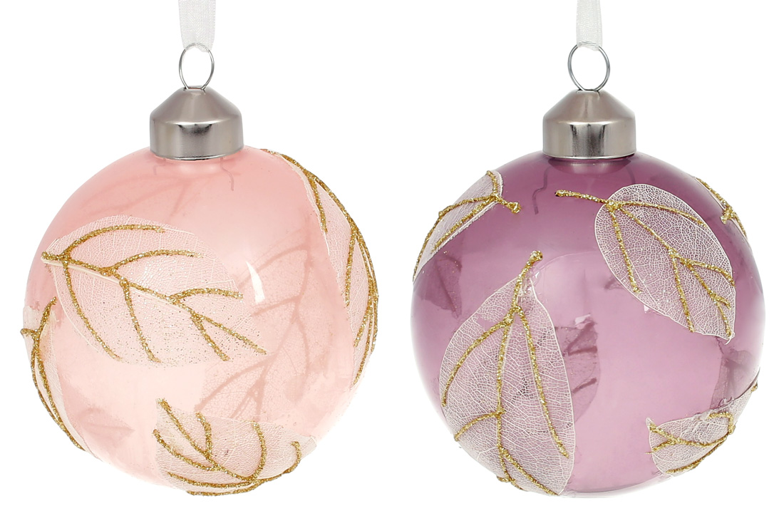 Ялинкова куля 8см Лист, прозоре скло, мікс 2 кольорів в дисплей коробці