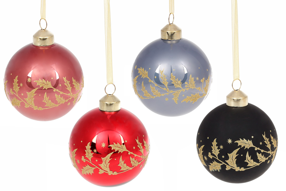 Ялинкова куля 8см Золота гілка, мікс 4 кольорів в дисплей коробці