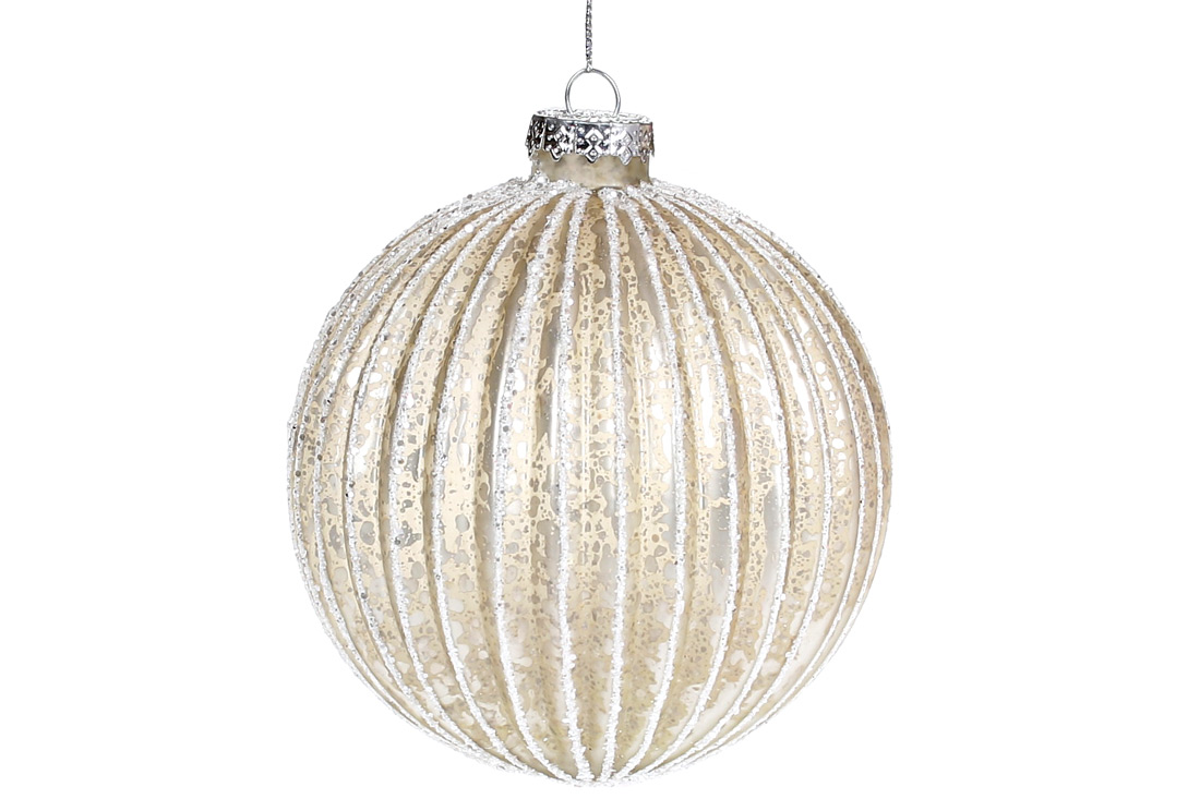 Ялинкова куля рельєфної форми з гліттером 10см, колір - світло-бежевий антик