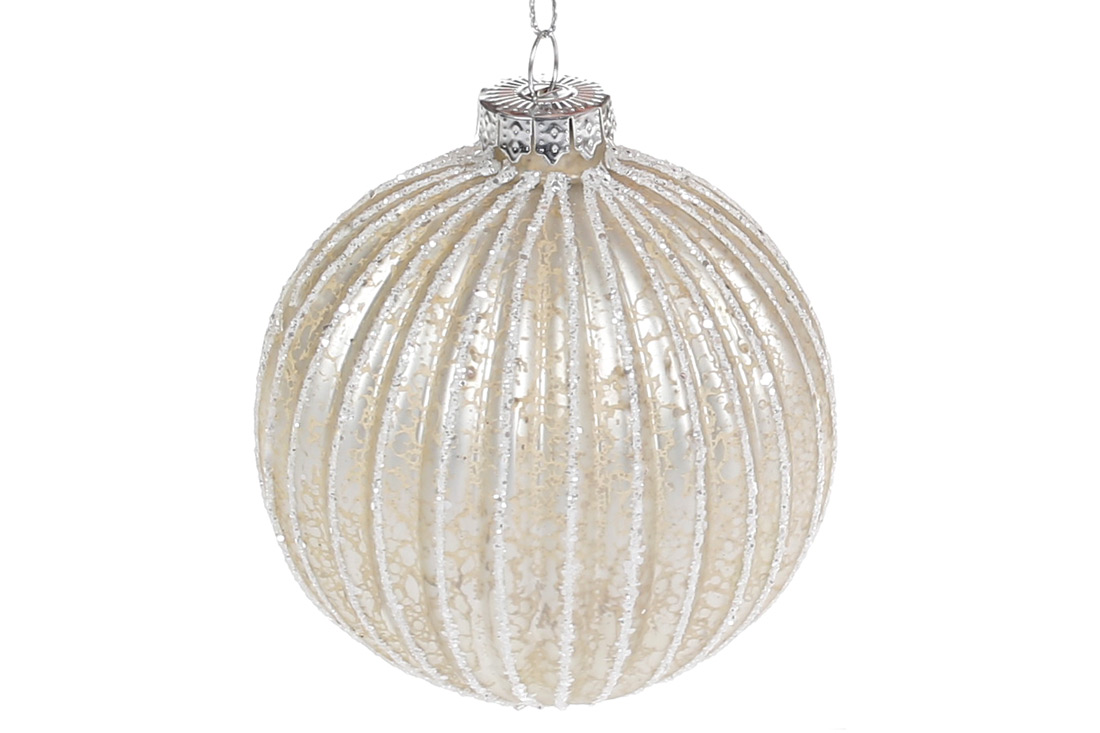 Ялинкова куля рельєфної форми з гліттером 8см, колір - світло-бежевий антик