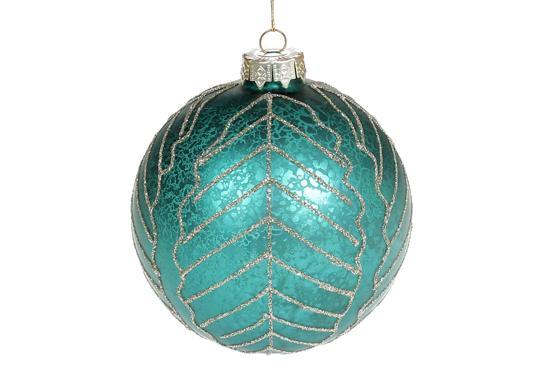 Ялинкова куля з матовим покриттям та малюнком з гліттера, 10см, колір - зелений антик