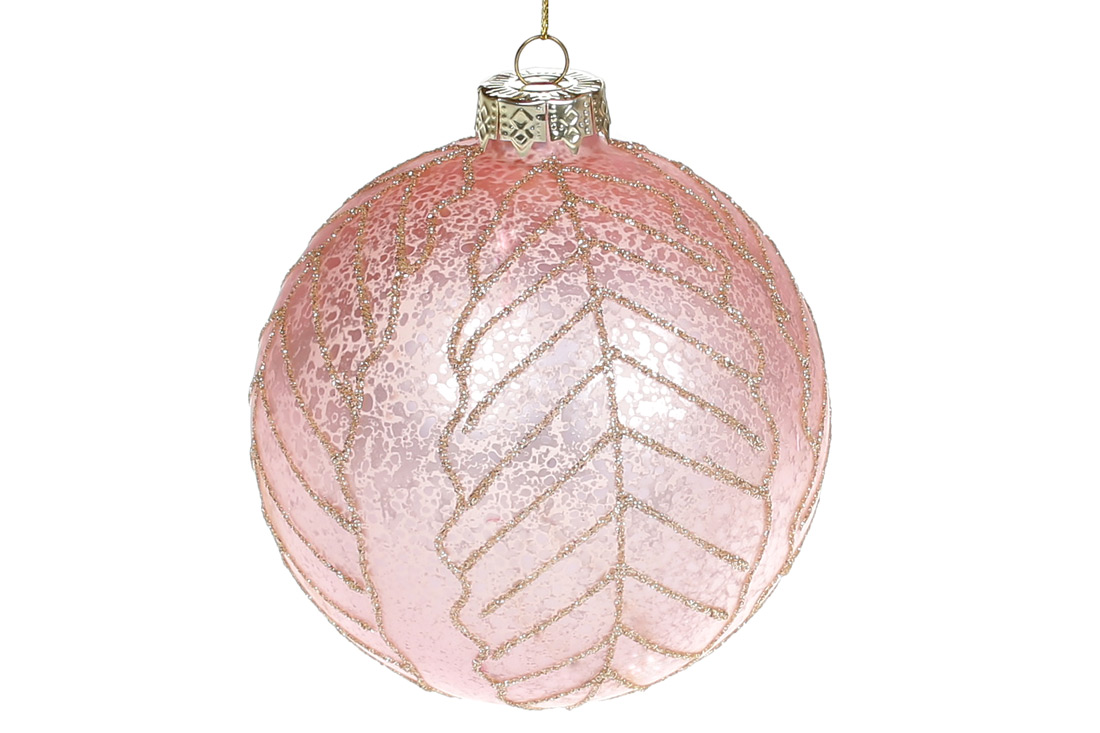 Ялинкова куля з матовим покриттям та малюнком з гліттера, 10см, колір - рожевий антик