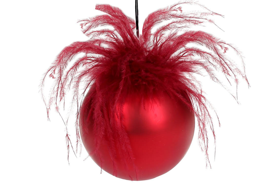Ялинкова куля з матовим покриттям та декором з пір'я, 10см, колір - червоний
