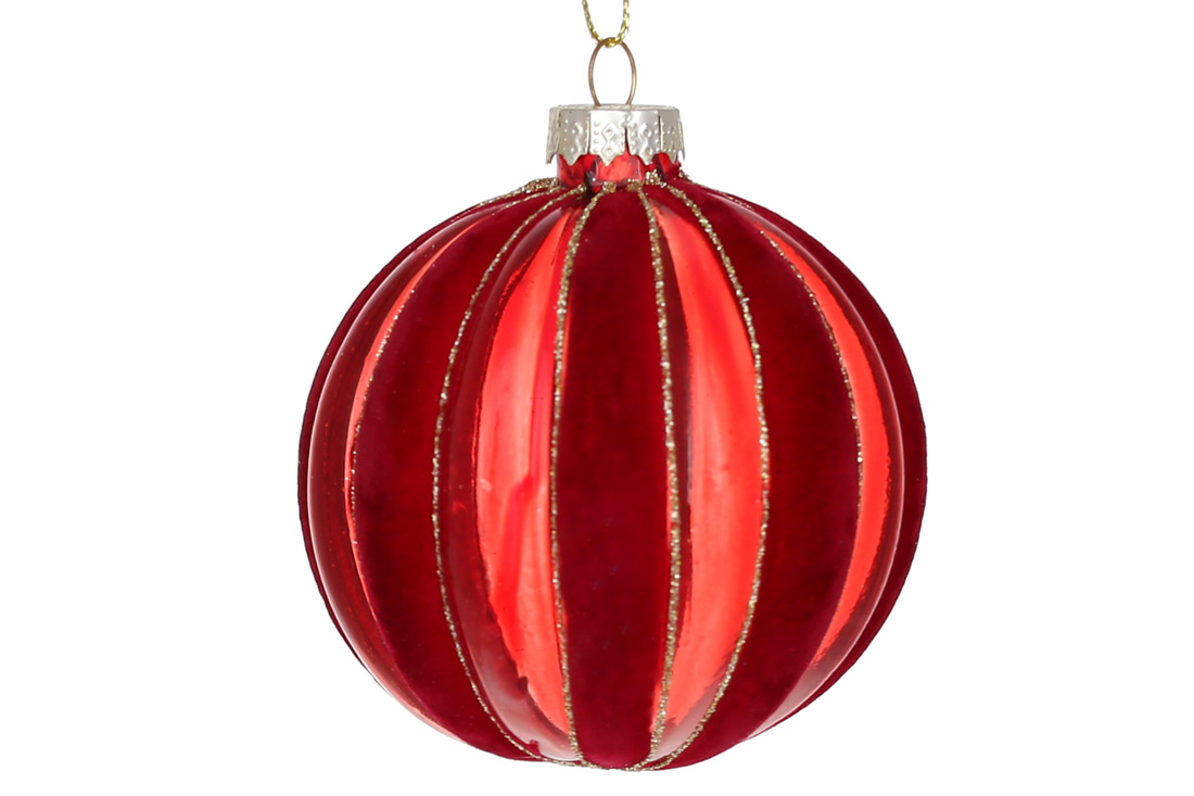 Ялинкова куля з напівпрозорого скла рельєфної форми з декором з оксамиту 8см, колір - червоний