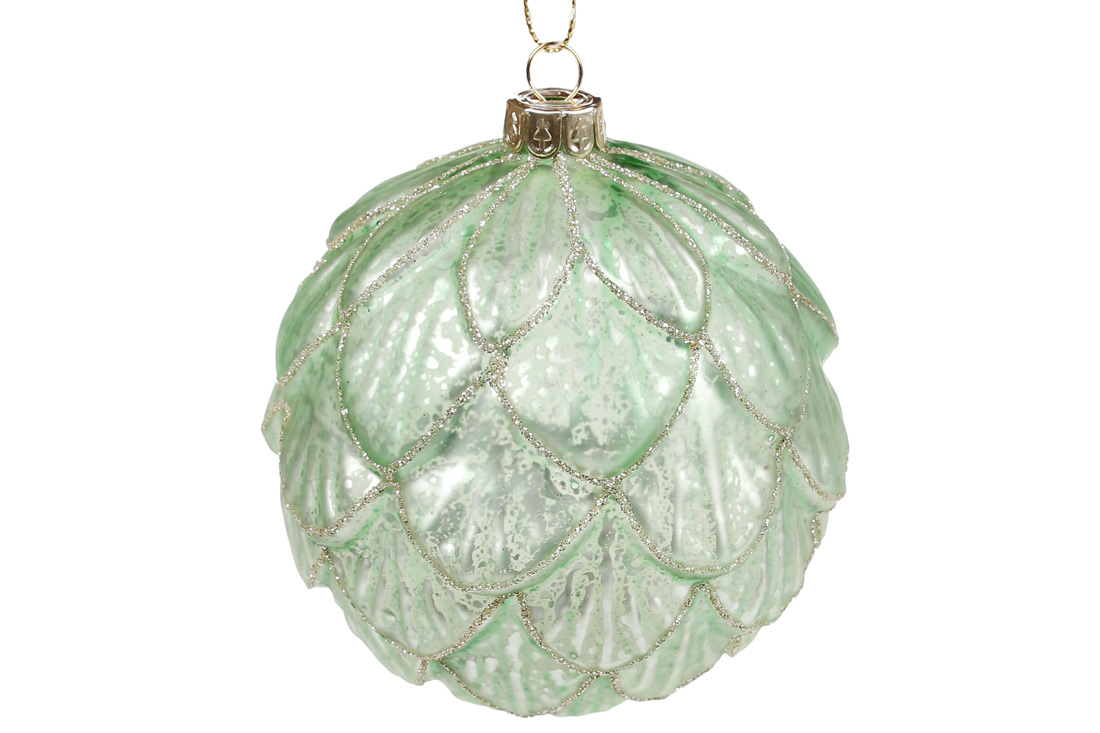 Ялинкова куля 10см з рельєфним візерунком та декором з гліттера, колір -трав'яний зелений
