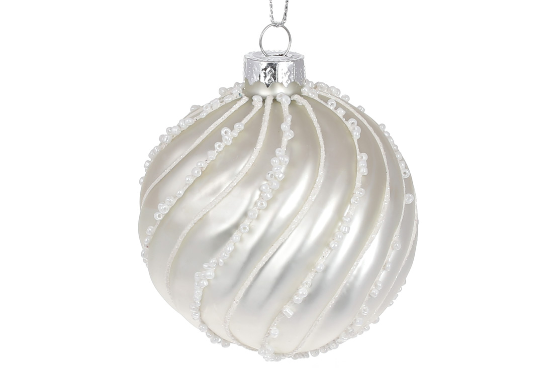 Ялинкова куля рельєфної форми з декором з бісеру 8см, колір - перлинний білий