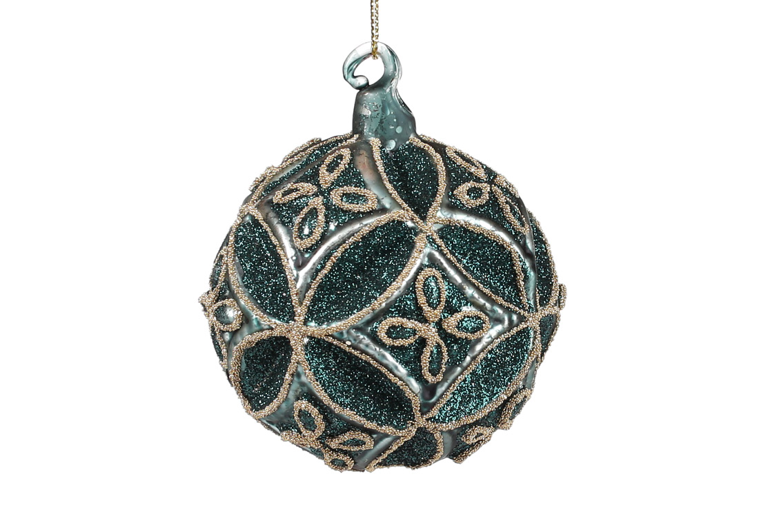 Ялинкова куля 8см рельєфної форми з декором з гліттера, колір - морський зелений