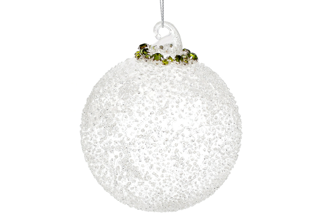 Ялинкова куля з покриттям лід і срібним гліттером, з декором із смарагдового каміння, 10см