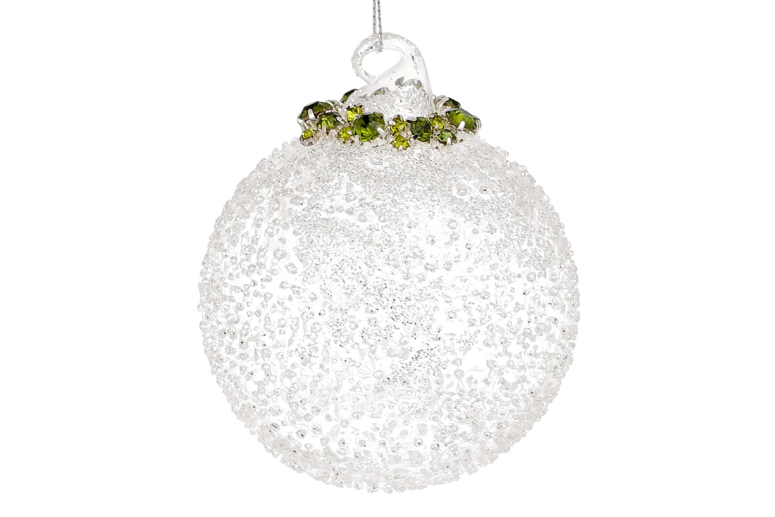 Ялинкова куля з покриттям лід і срібним гліттером, з декором із смарагдового каміння, 8см