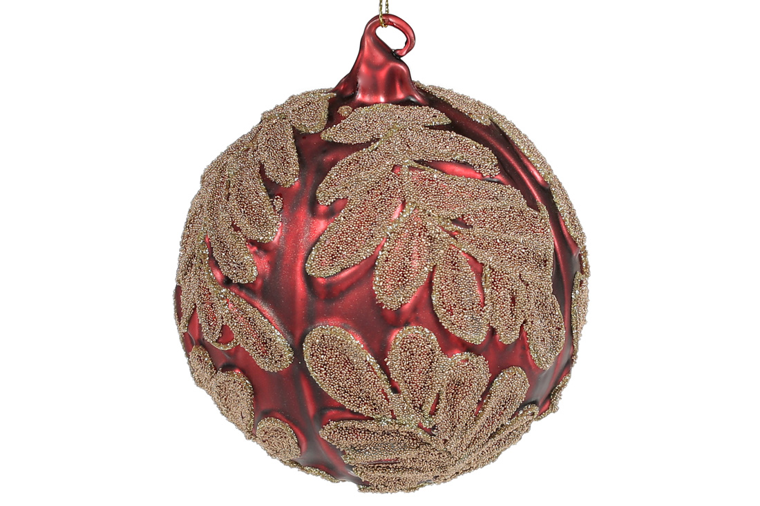 Ялинкова куля 10см червона матова із золотим візерунком