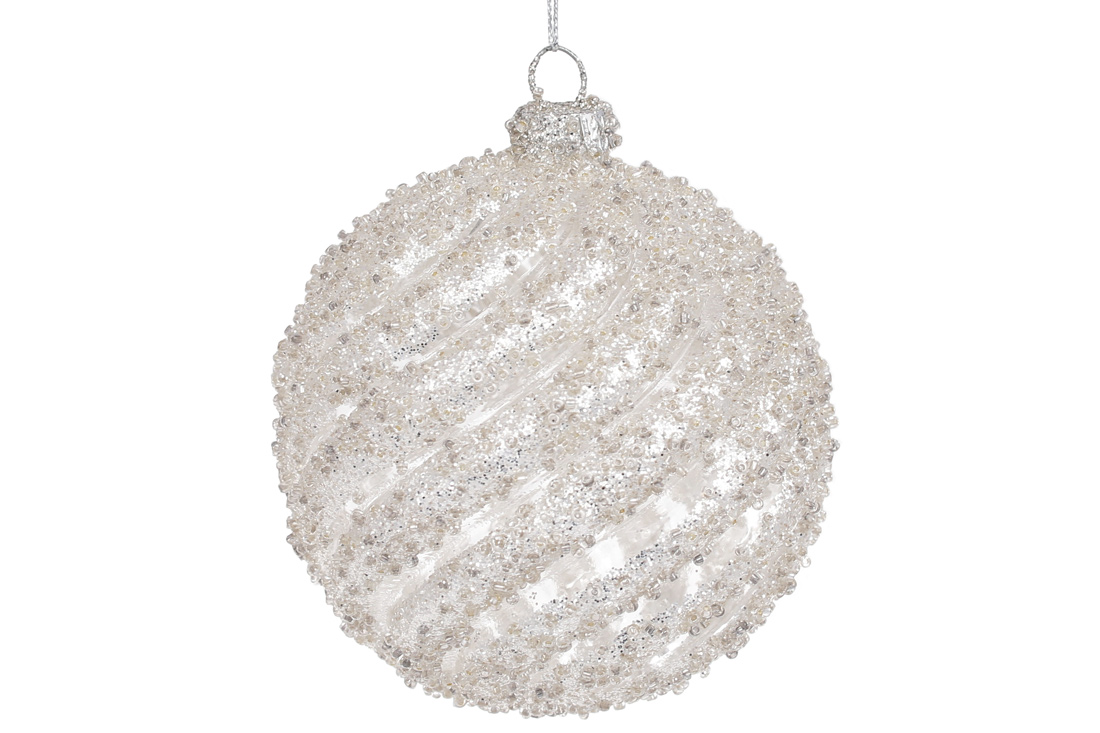 Ялинкова куля кручений форми, прозоре скло зі срібним гліттером, 10см