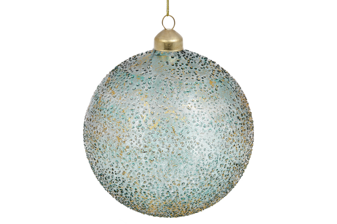 Ялинкова куля із прозорого скла з покриттям лід та золотою фольгою, 12см, колір - темна бірюза