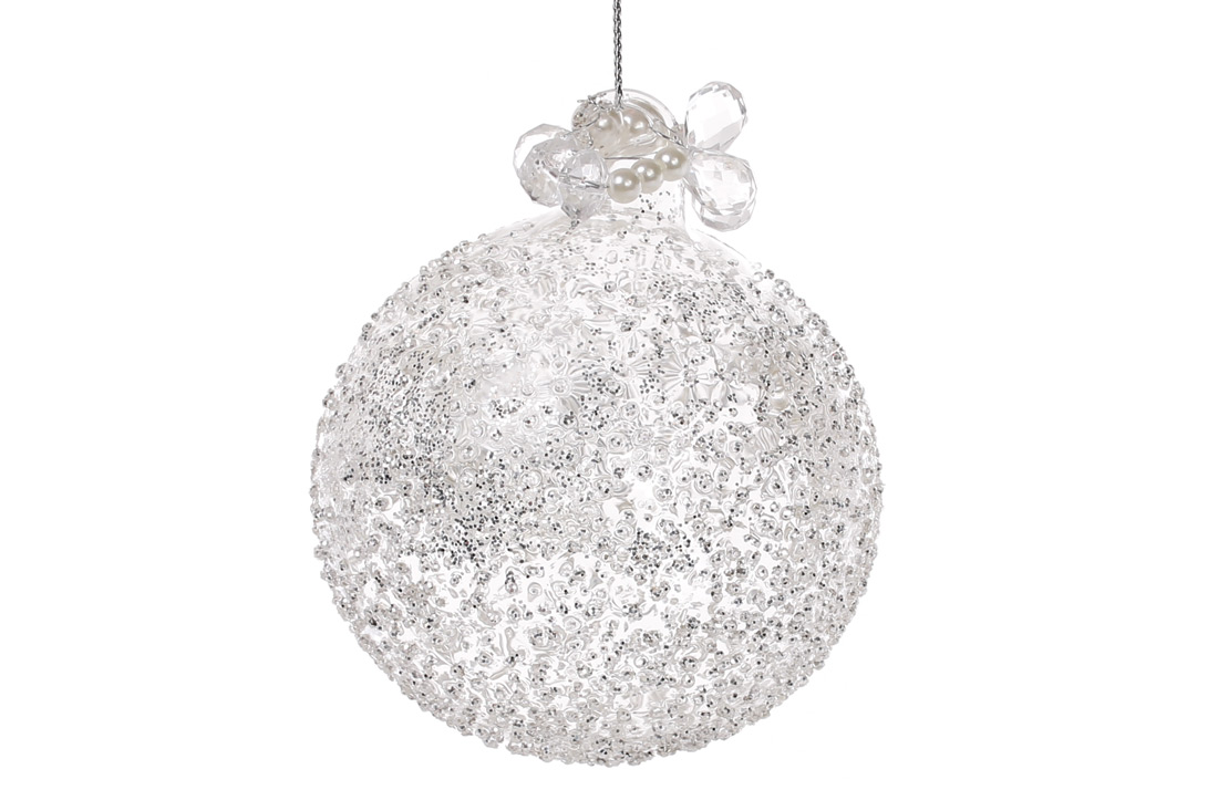 Ялинкова куля 8см з декором з бусин, колір - прозоре скло з покриттям "лід"