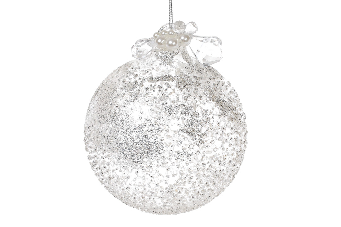 Ялинкова куля 10см з декором з бусин, колір - прозоре скло з покриттям "лід"