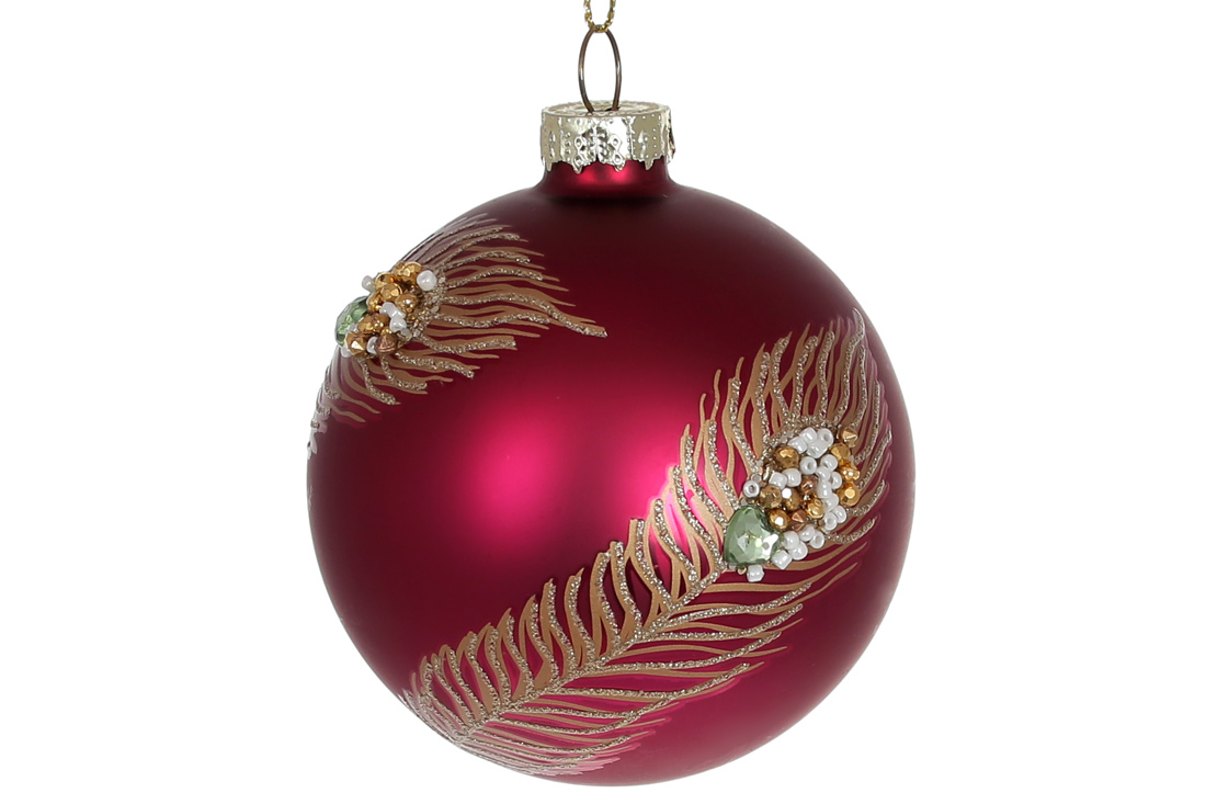 Ялинкова куля 8см з декором із гліттера та стразами, колір - бордо