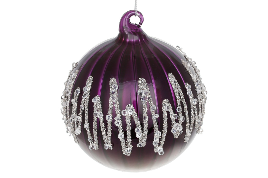 Ялинкова куля 10см з декором з кристалів та гліттера, колір - фіолетовий