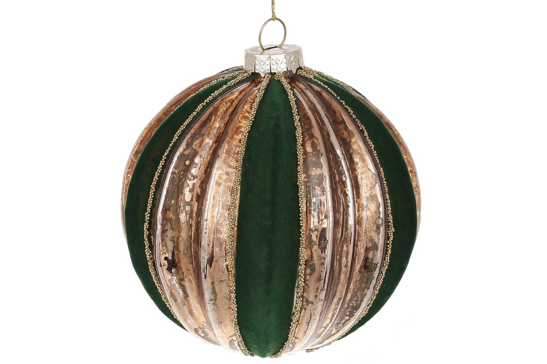 Ялинкова куля рельєфної форми з декором з оксамиту 10см, колір - темно-зелений з античним золотом