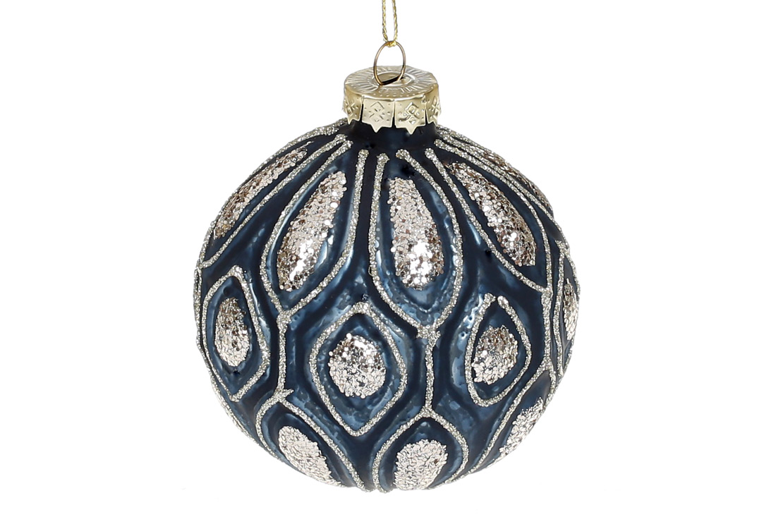 Ялинкова куля з рельєфом та декором з гліттера, 8см, колір - темно-синій антик